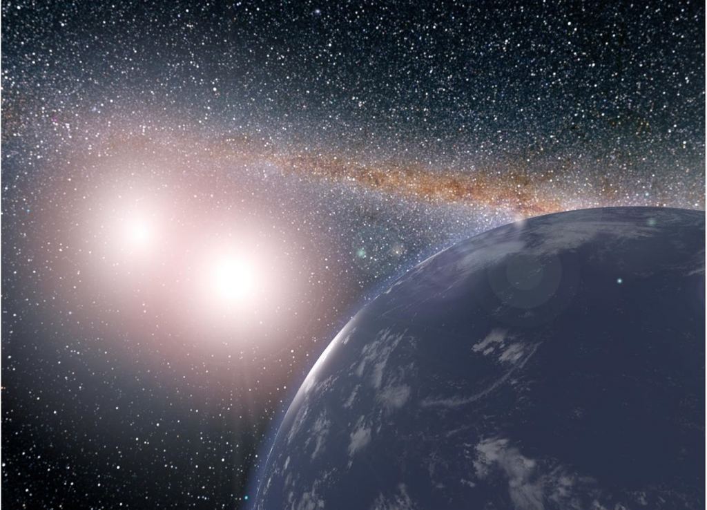 This artist's concept shows a hypothetical water-covered planet around the binary star system of Kepler-35A and B. If the differences in the chemical composition of the stars stem from their early days of formation, then these differences they must affect the types of planets that form around them.  .  (Image by NASA/JPL-Caltech.)